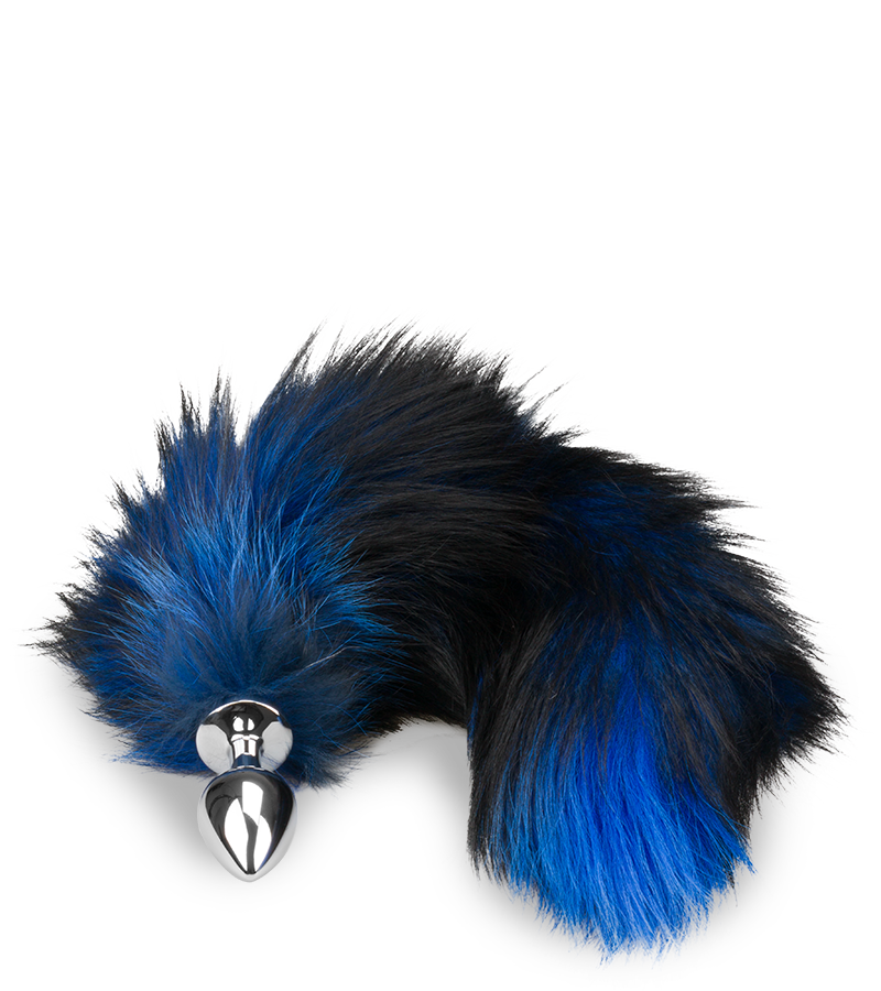 Black and blue furry fox tail anal plug