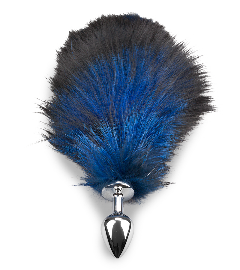 Black and blue furry fox tail anal plug