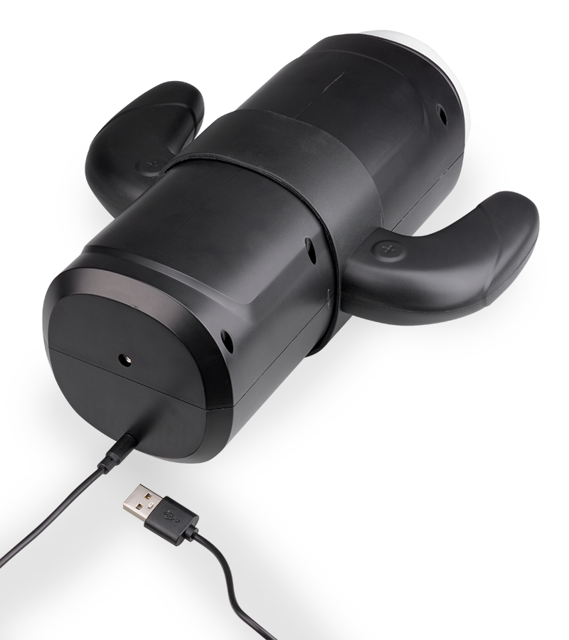 Furious vibrating thrusting and sucking masturbator with handles