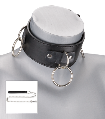 Leather bondage three-ring collar with chain lead