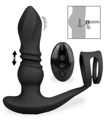 Toronto vibrating and thrusting anal plug with double cock ring